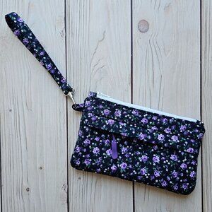 NEW Navy Purple Green Floral Small Travel Wristlet Zip Pouch Small Purse Wallet